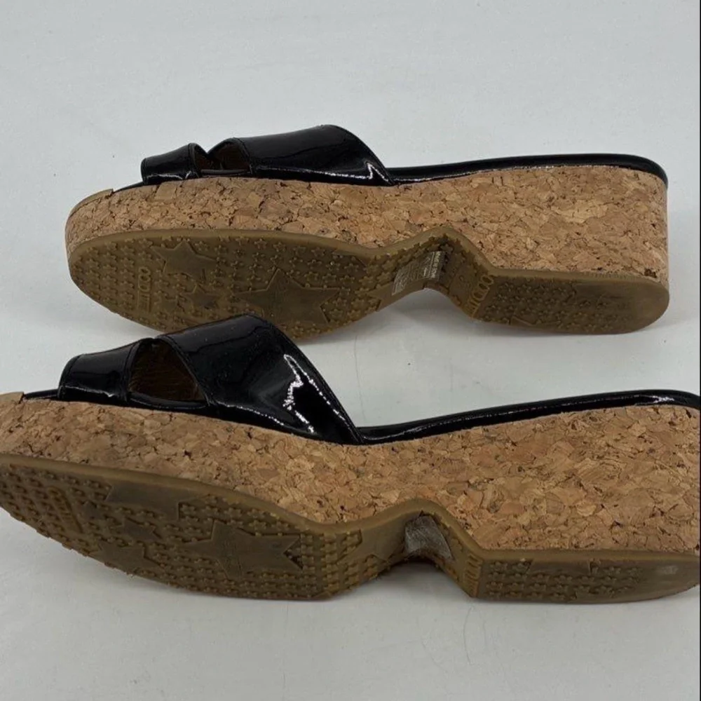 Jimmy Choo Black Patent Criss Cross Cork Wedge Platform Sandals